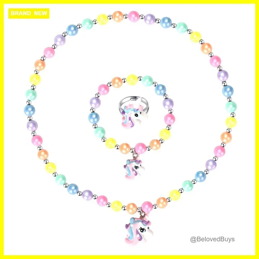 Adjustable Unicorn Jewelry Set for Girls, Plastic Resin Necklace Bracelet Ring